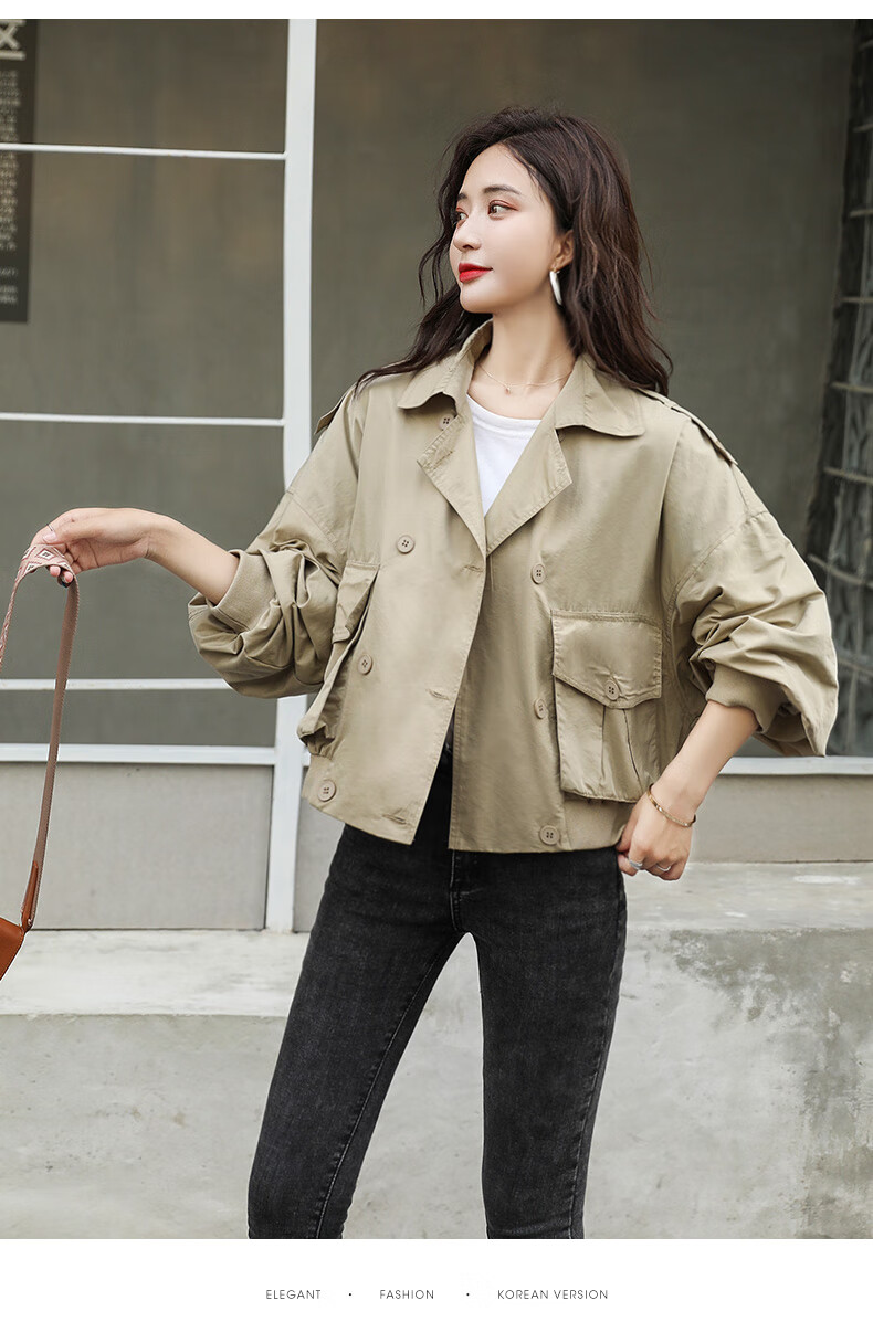 休闲宽松女士小个子风衣夹克短外套女短款外套上衣小外套女卡其色m