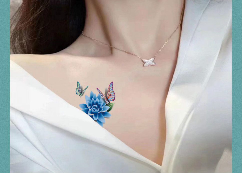 防水文身贴女新款3d蝴蝶玫瑰花纹身贴女防水持可久可清洗学生性感锁骨