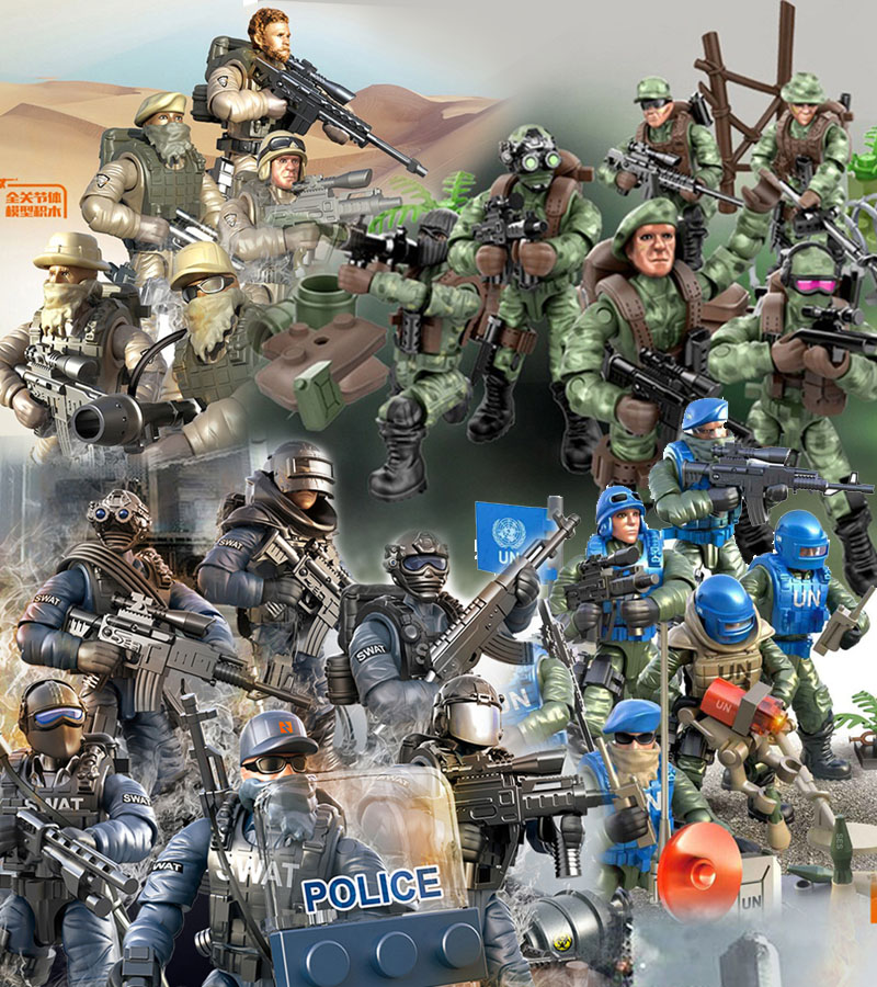 万代二战军事摩托积木军事人仔特警美国关节可动兵人模型玩具男孩儿童