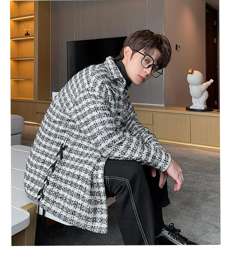 布须曼千鸟格小香风外套男春秋季绑带毛呢夹克vintage感男装轻熟风qz