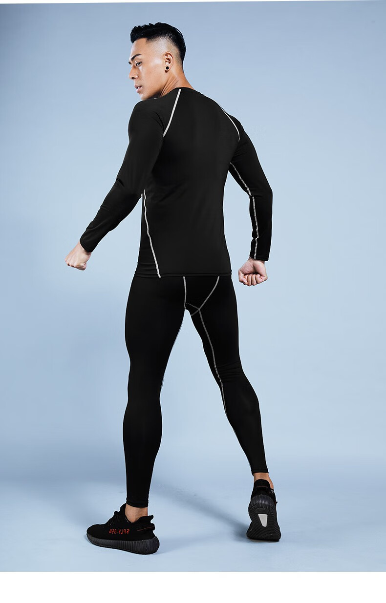 健身套装男跑步运动紧身衣服速干秋冬季训练房篮球短袖晨夜跑服装灰色