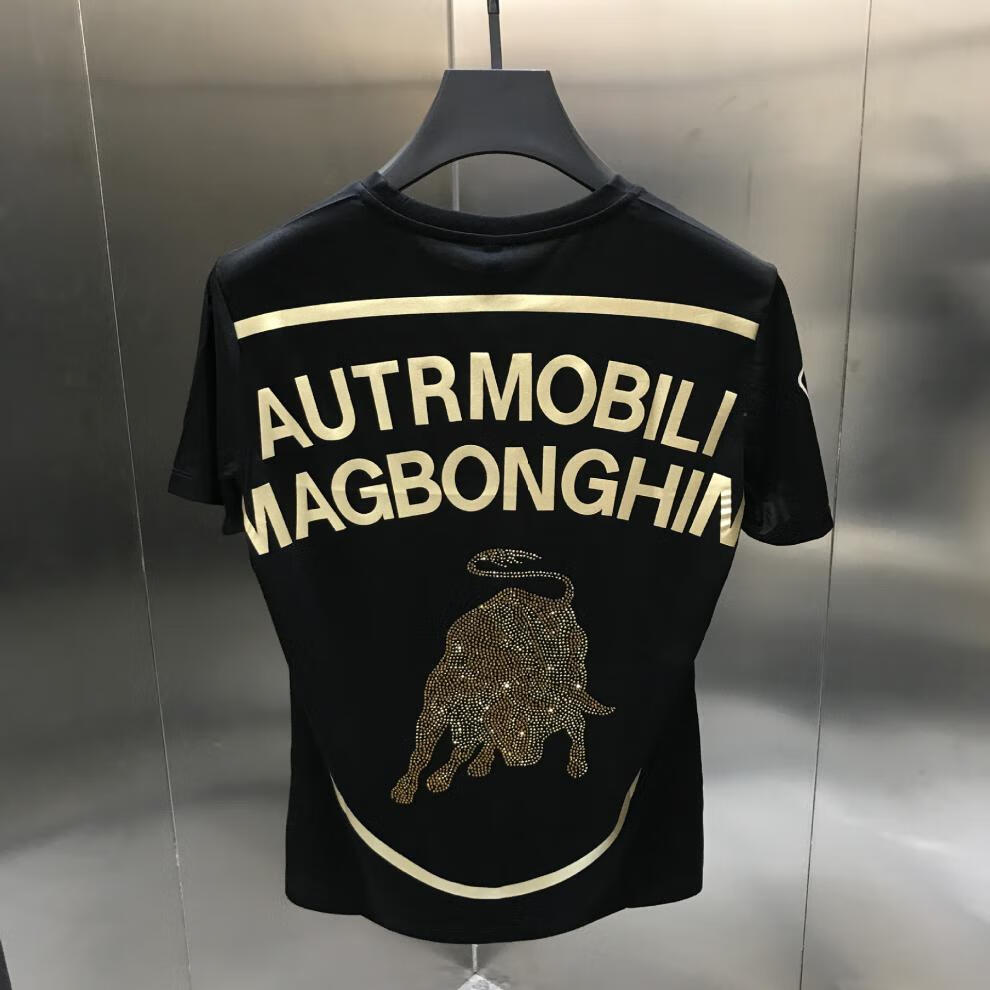 hvzx欧洲站烫钻牛图案短袖t恤男潮牌冰丝滑料夏季后背印花丝光棉半袖