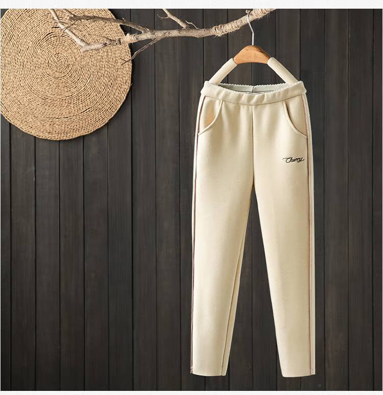 樱花裤女秋冬新款加绒加厚宽松韩版哈伦裤绣花直筒休闲毛呢直筒裤女士