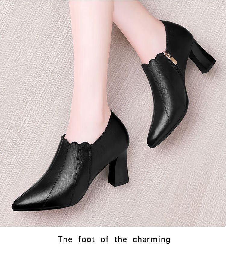 女式半高跟真皮皮鞋女职业粗跟妈妈单鞋2022黑色春秋中跟深口工装高跟