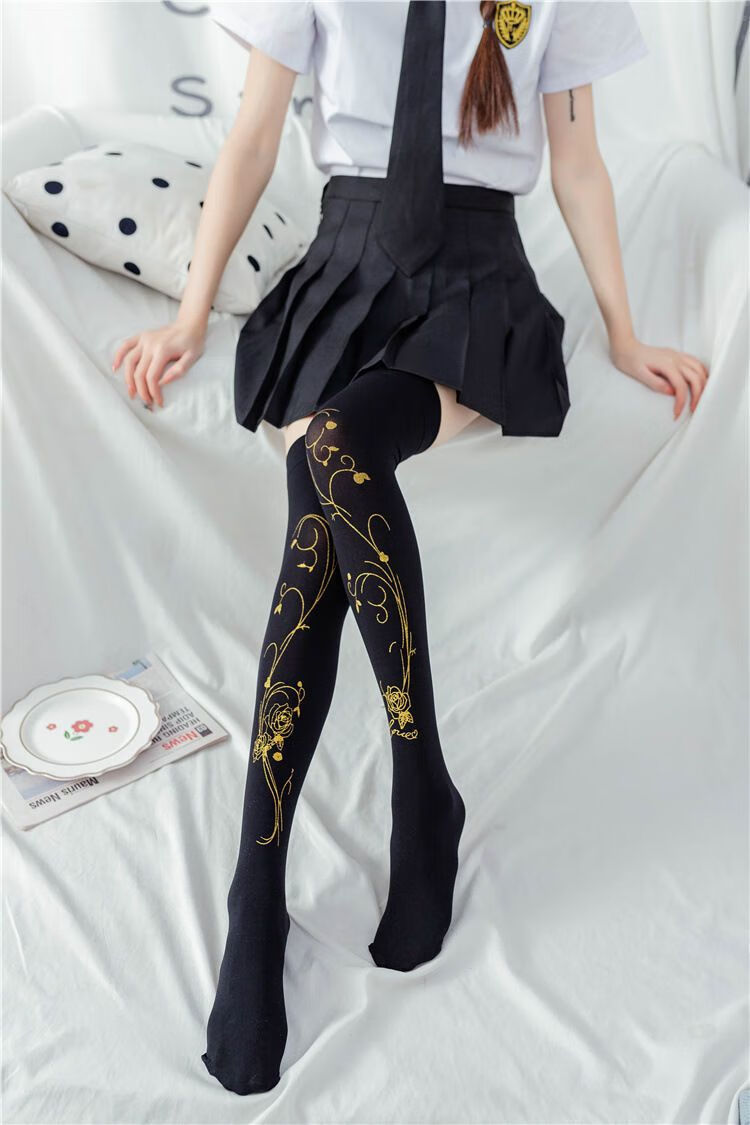 白丝袜日系lolita过膝袜夏季locos二次元长筒袜汉服学院风印花萝莉袜