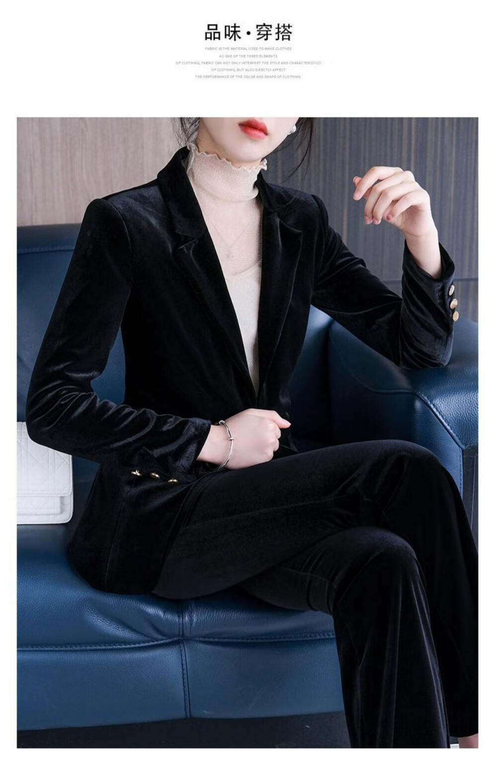 女秋韩版时尚修身气质网红金丝绒西装套装灯芯绒黑色一粒扣单西装s