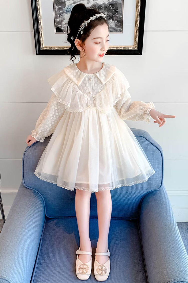 女童连衣裙2021秋韩版新款洋气网纱裙圆领纱裙蕾丝儿童公主裙杏色110