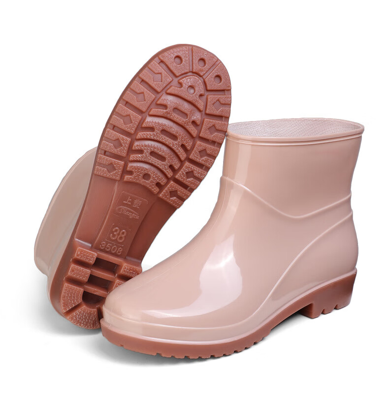 短筒雨鞋女水鞋低筒pvc牛筋厚底加绒纯色工作鞋雨靴防水 3508卡其 38