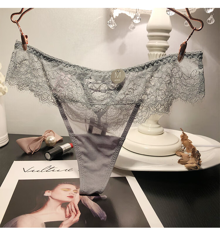 密语私物欧美性感丁字内裤女蕾丝系带装饰低腰透明t字裤色 黑色 d608