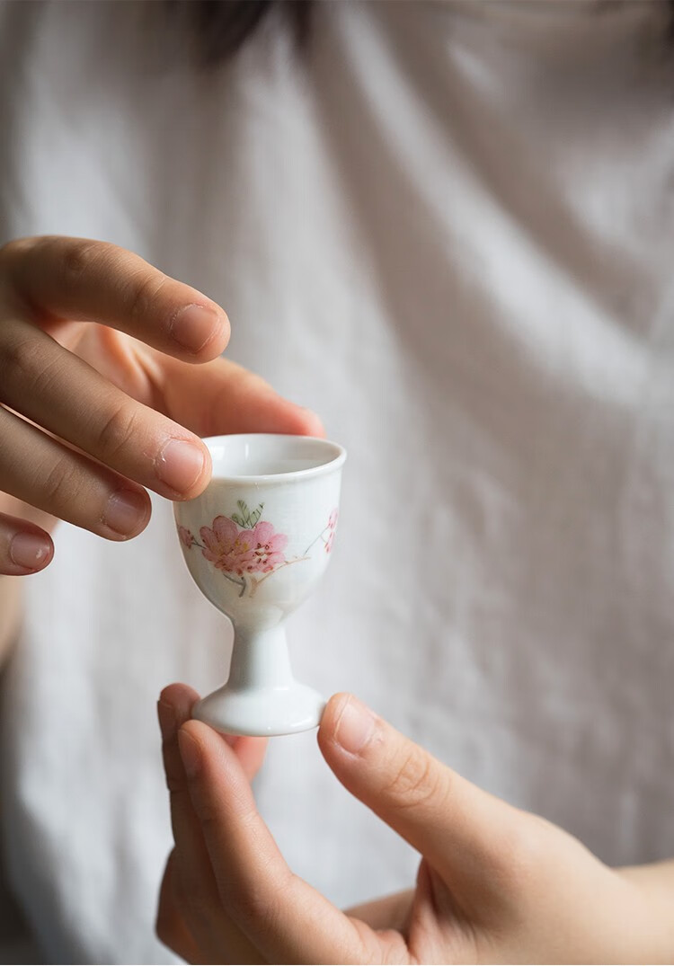 手绘水点桃花古风小酒杯复古清酒杯中国风小酒盅茶杯80年代老厂货启惺