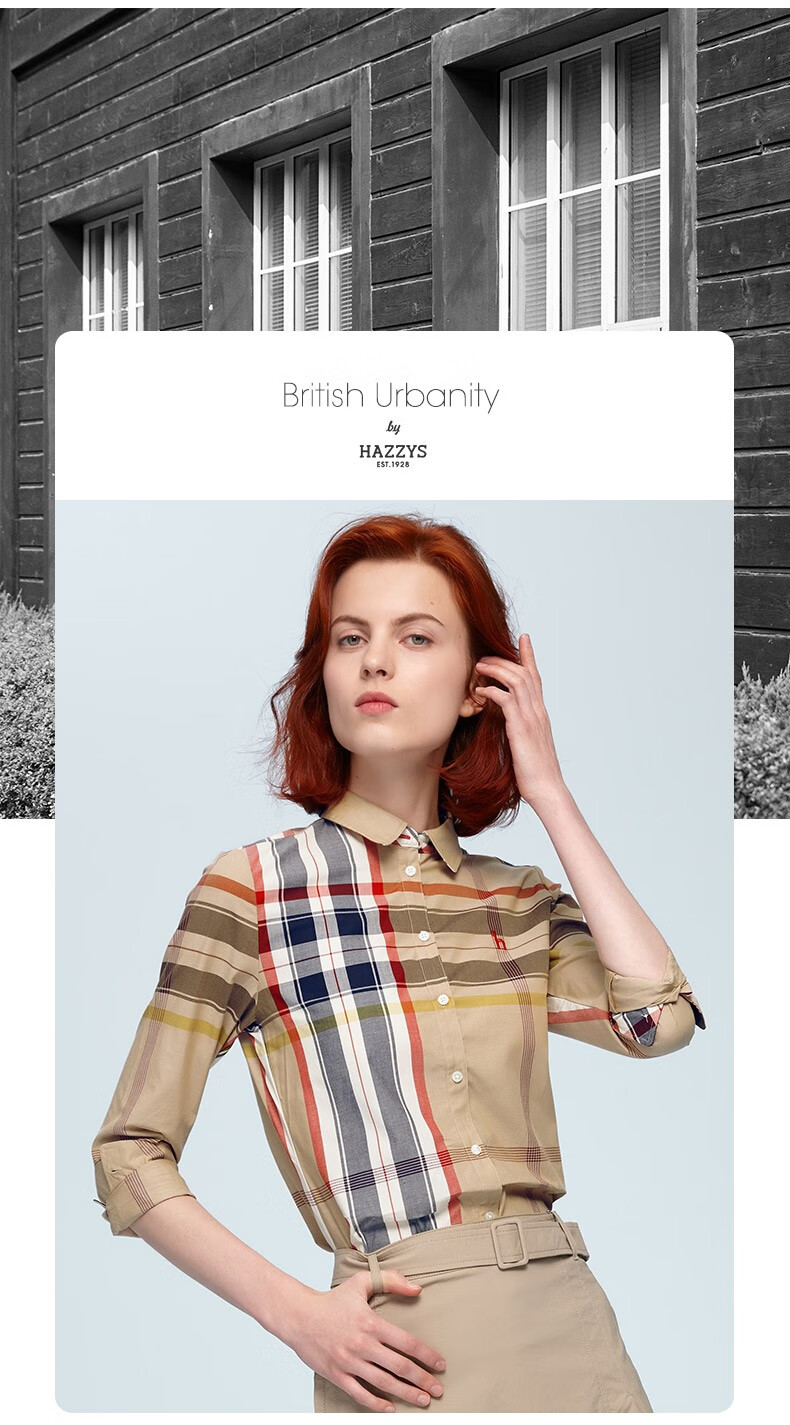 哈吉斯hazzys春款衬衫女格子经典长袖衬衫新疆棉ascsk11ak02蓝色bl155