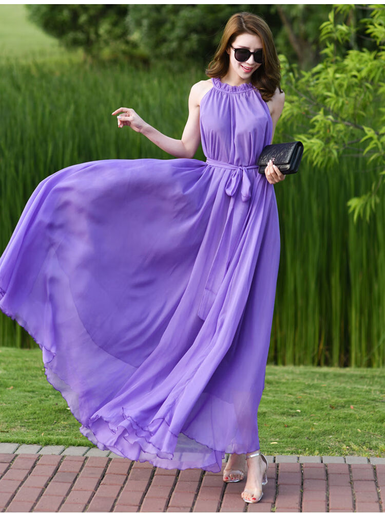 波西米亚沙滩连衣裙女超长款气质飘逸雪纺大摆长裙夏季到脚踝超仙酒