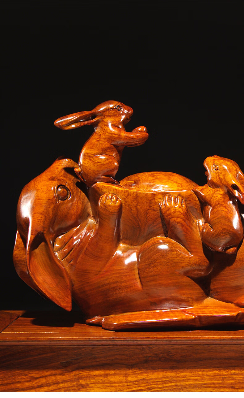 仙莱阁花梨木兔子摆件实木质手工精雕雕刻十二生肖兔木质家居公司办公