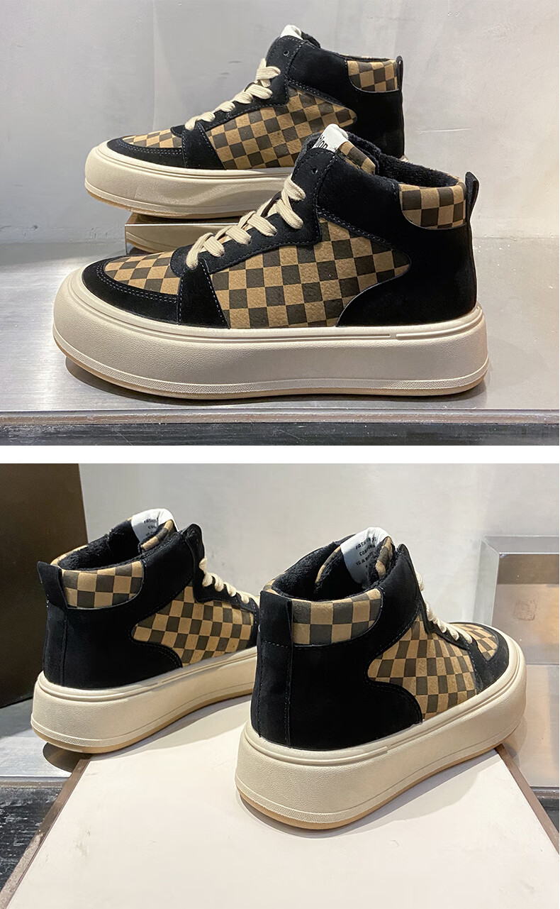 黑白棋盘鞋女加厚学生休闲靴格加绒高帮鞋2021冬季新款厚底松糕鞋百搭