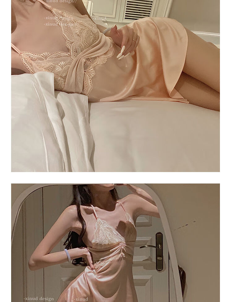 蕾丝睡衣露n奶「妩媚撩人」性感睡衣女感美背蕾丝纯欲吊带挂脖睡裙