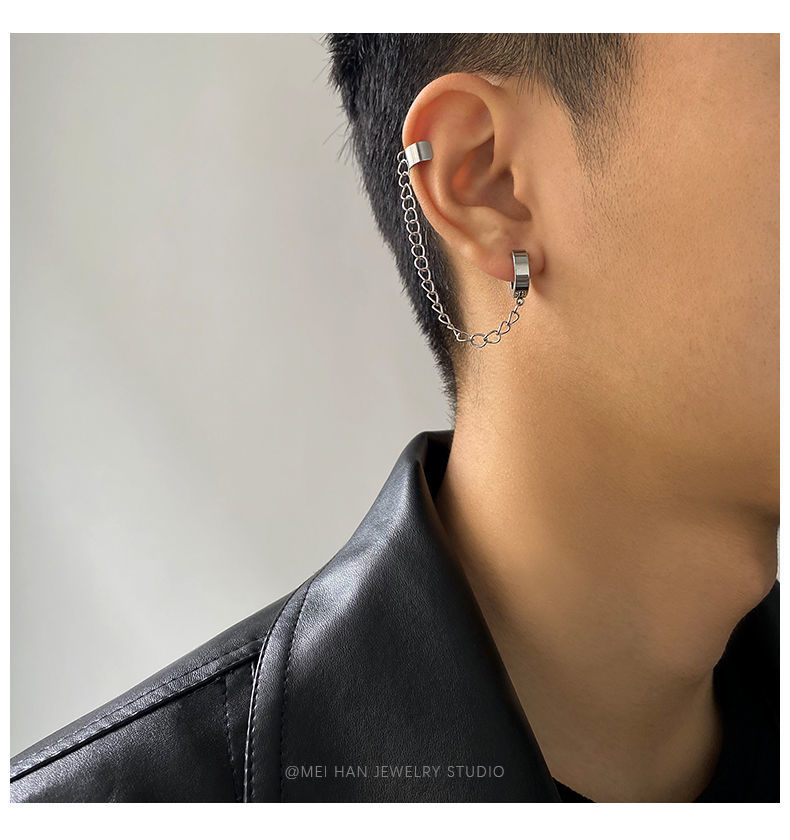 奢菲洛钛钢不掉色链条无耳洞耳骨夹耳环男新款潮嘻哈冷淡风耳饰品链条