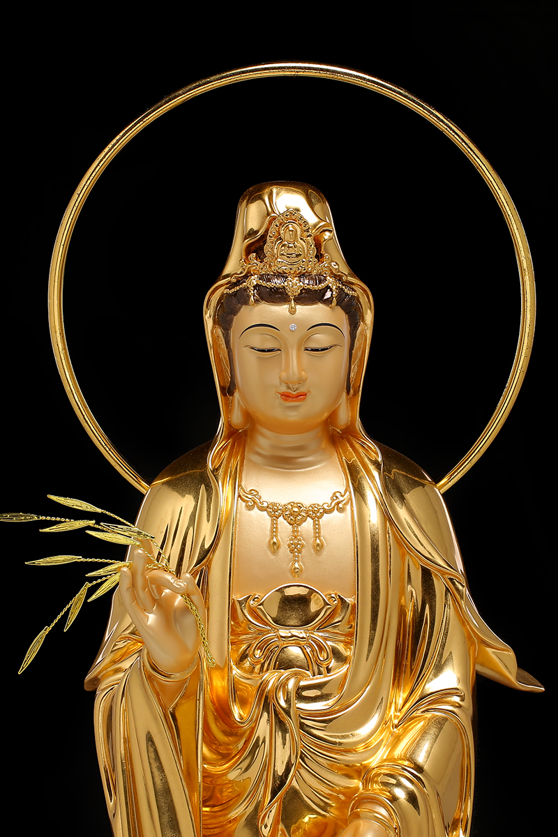 菲落 铜雕观音佛像家用纯铜掐丝彩绘南海水月观音菩萨金童玉女铜像