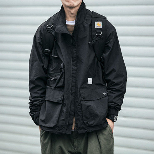 复古工装外套男士秋季宽松大码立领冲锋衣潮流机能风教练夹克军绿色l