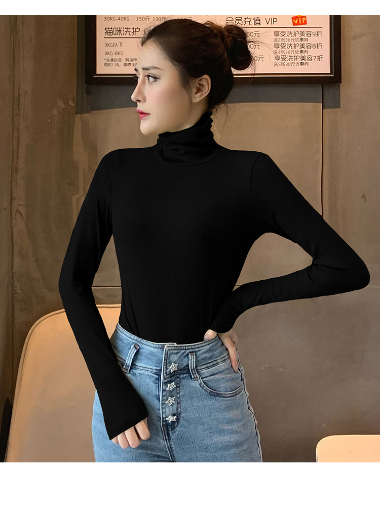 螺纹针织打底衫女长袖翻领显瘦紧身上衣秋冬洋气内搭套头毛衣黑色s