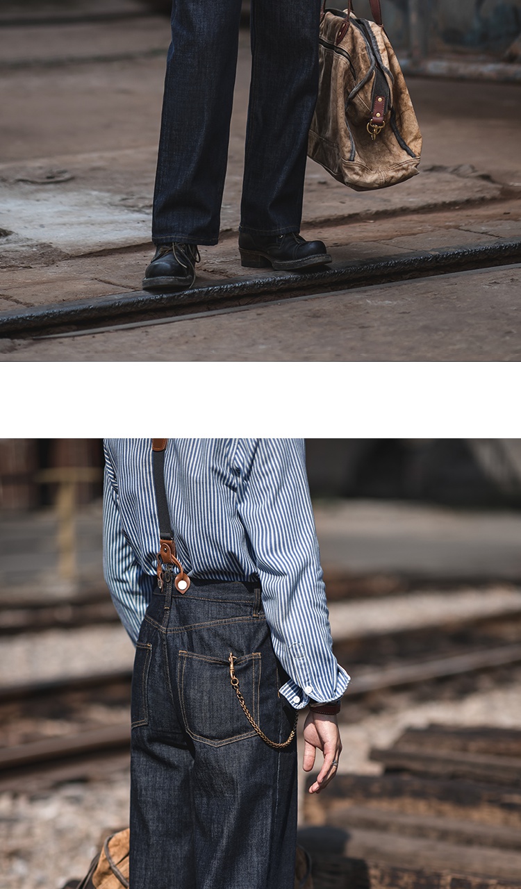 月南微秋款原色牛仔裤男铁路工装背带裤阿美咔叽机车直筒男背带裤牛仔