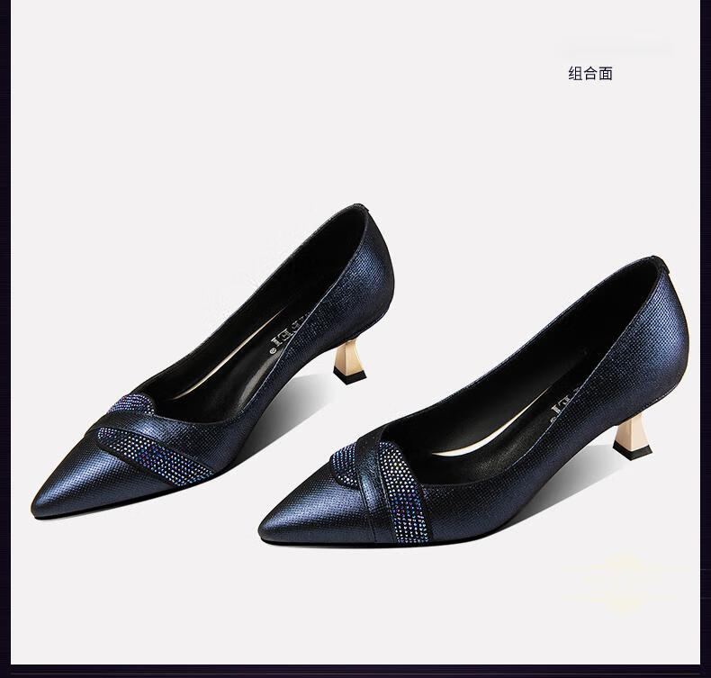 法玛莎品牌真皮浅口中跟单鞋女细跟尖头2022春季新款时尚水钻大码女鞋