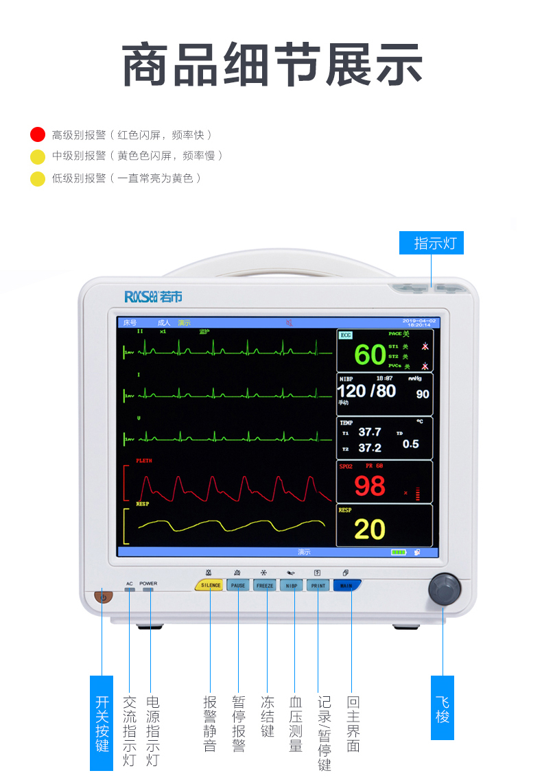 【药房直售】彩色多参数监测仪便携式病人心电监护仪床旁手术监测心电