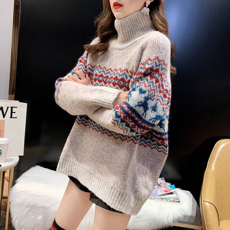 浪莎抖音网红款圣诞毛衣女加厚高领套头韩版宽松慵懒风复古风女大学生