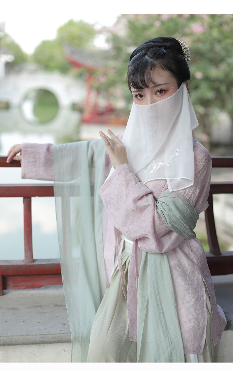 面纱女遮脸微透飘逸雪纺不易皱珠链挂耳汉服古装遮脸纱本白色宽版均码