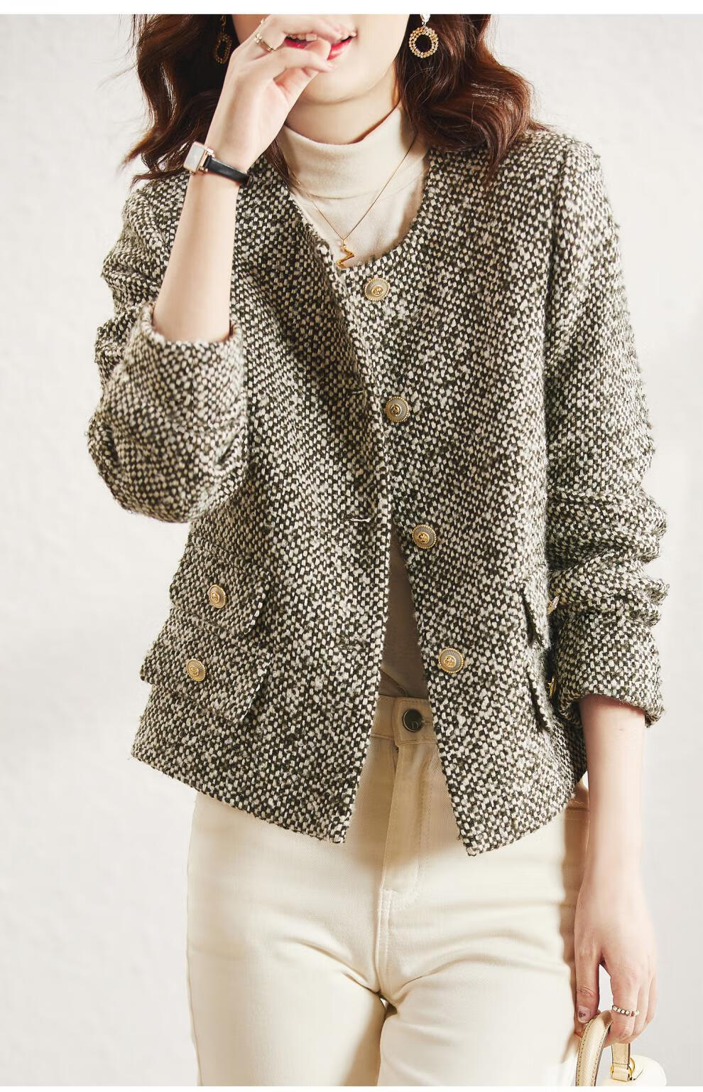 梵希蔓圆领短款毛呢外套女小个子2021秋冬新款夹棉加厚开衫上衣 v0068