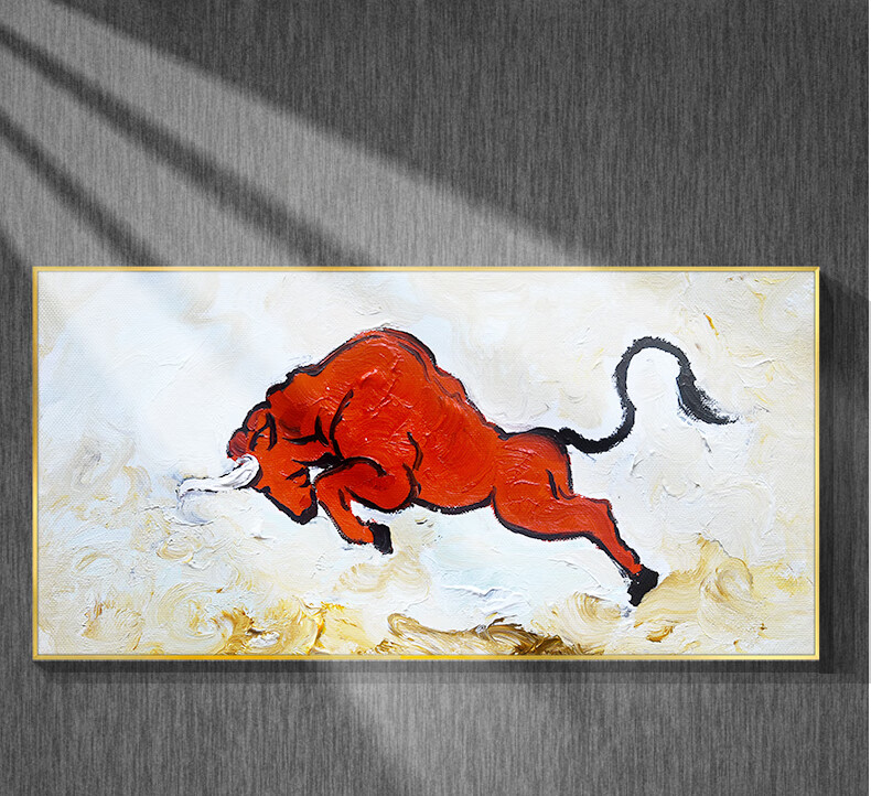 旭泽 轻奢北欧手绘抽象油画牛气冲天动物客厅装饰画横版立体肌理生肖
