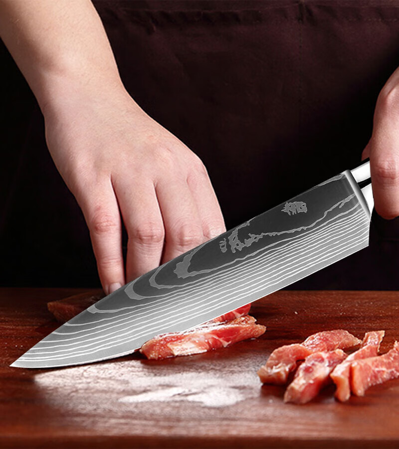 大马士革激光纹厨师刀厨房10件红色树脂手柄阳江菜刀万用刀