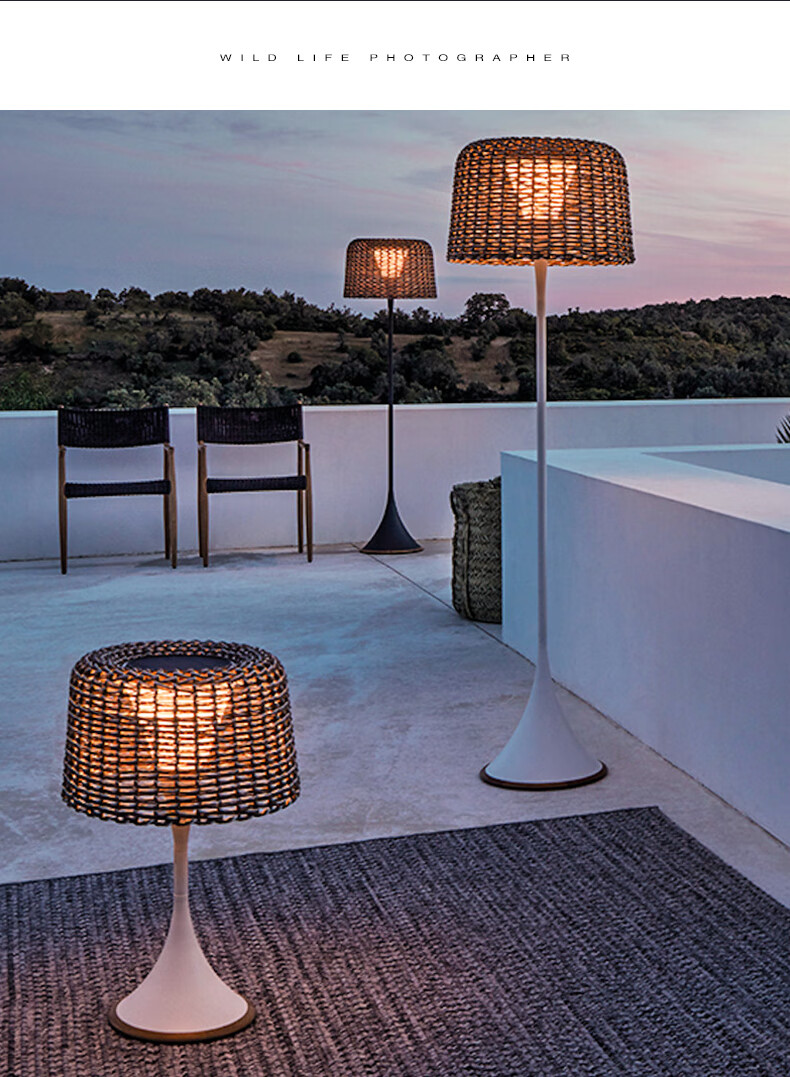 户外灯防水别墅庭院草地露台灯室外落地灯手工编织藤艺园林草坪灯哑黑