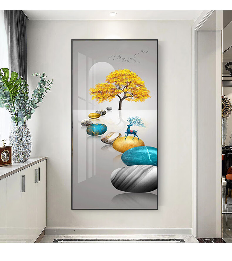 轻奢入户玄关装饰画竖版寓意好走廊过道壁画现代简约客厅进门挂画石来