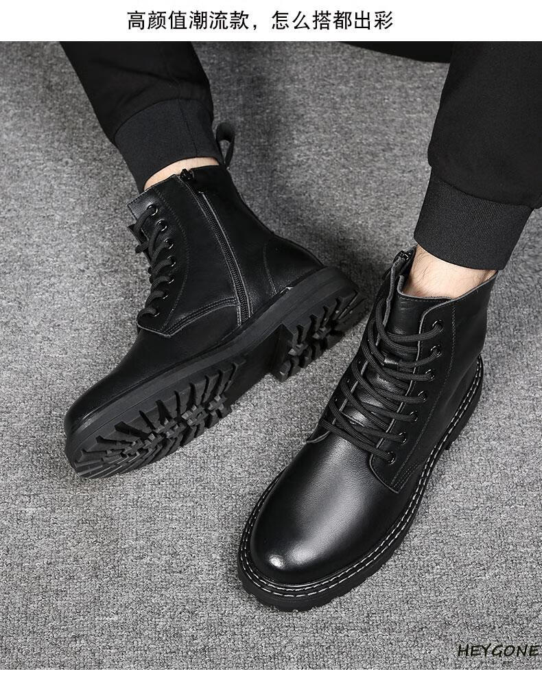 品牌马丁靴男冬季英伦风中帮工装靴短靴新款黑色机车加绒皮靴黑色38码