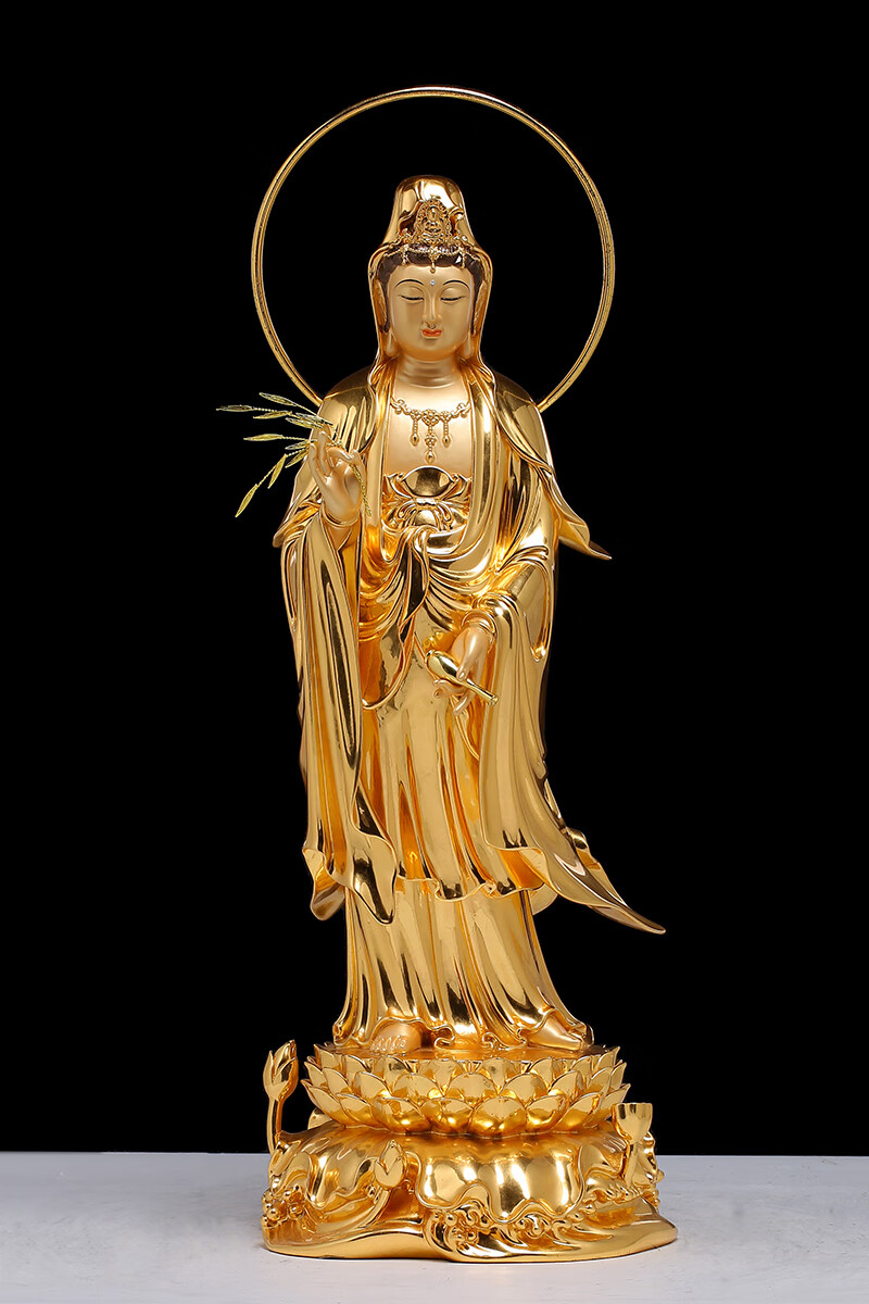 菲落 铜雕观音佛像家用纯铜掐丝彩绘南海水月观音菩萨金童玉女铜像