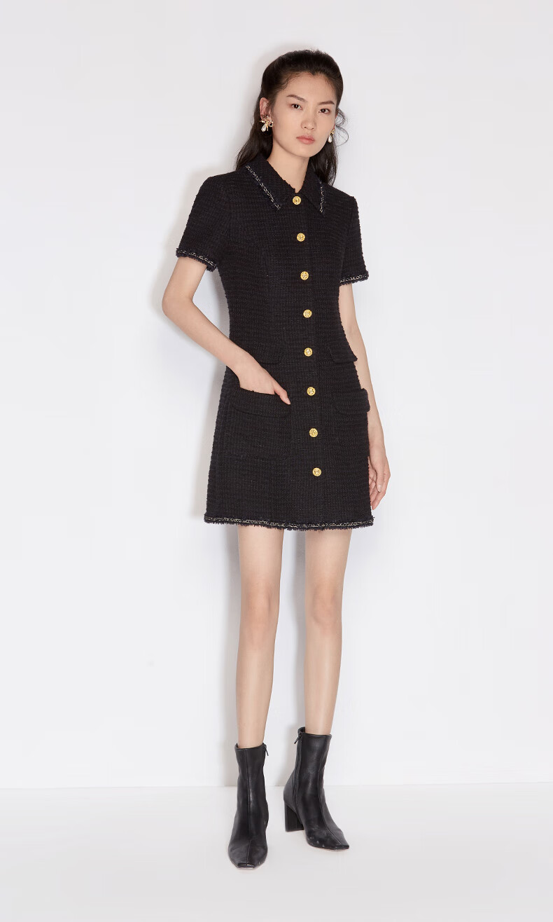 baby同款 ochirly欧时力新款排扣娃娃领小香风连衣裙 黑色090 l【图片