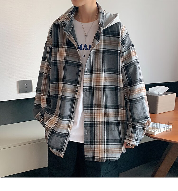 带帽的美式格子长袖衬衫男范春秋潮高街港风戴帽的连帽衬衣外套春装