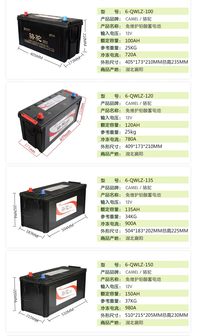 骆驼蓄电池6-qwlz-120a启动电瓶12v100a150a200a农机汽车船舶铅酸 6
