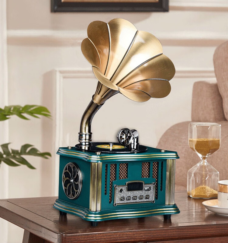 复古怀旧收音机摆件复古留声机仿古大喇叭唱片机家用蓝牙锂电池便携式