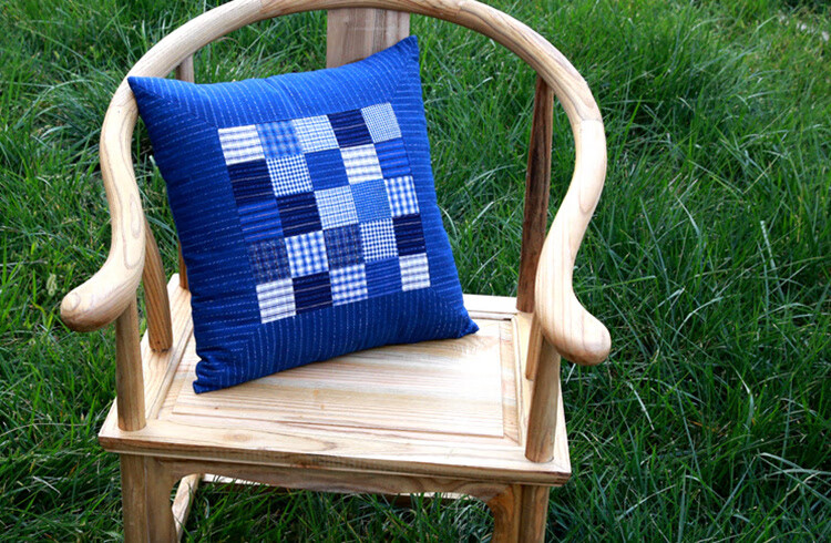 纯手工抱枕拼布套含芯土布老粗布抱枕靠垫套手工拼布靠枕抱枕套 深蓝