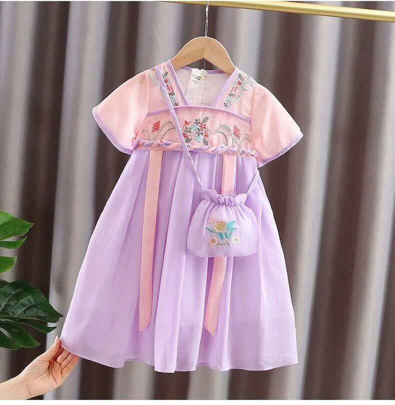 薄款短袖唐装宝宝仙中国风儿童夏装古装襦裙蓝色送包包眉心贴头花130