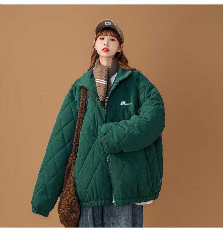 125954-奶黄色棉服女chic韩风冬季加厚菱格外套2021新款oversize立领棉衣 绿色 L-详情图