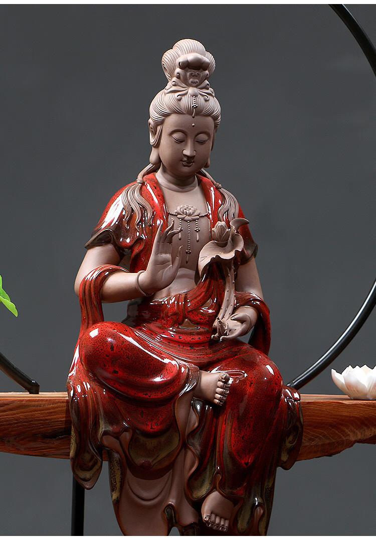 大号紫砂观音佛像供奉创意家居装饰客厅摆件禅意中式陶瓷工艺品 科茵