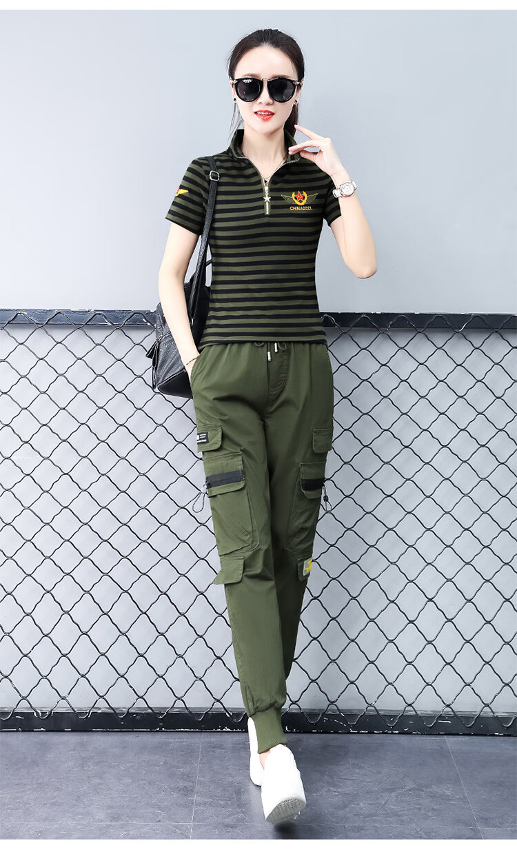 迷彩服套装女立领t恤短袖夏薄款宽松休闲多口袋工单件黑色上衣s