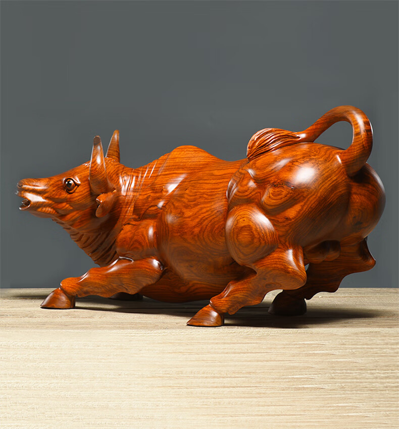 陆展元花梨木雕牛摆件实木雕刻十二生肖华尔街牛摆设客厅