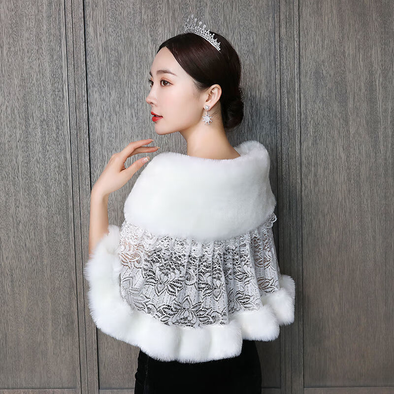 新款新娘毛披肩结婚保暖斗篷小外套婚礼伴娘毛绒披风款平毛大披白色