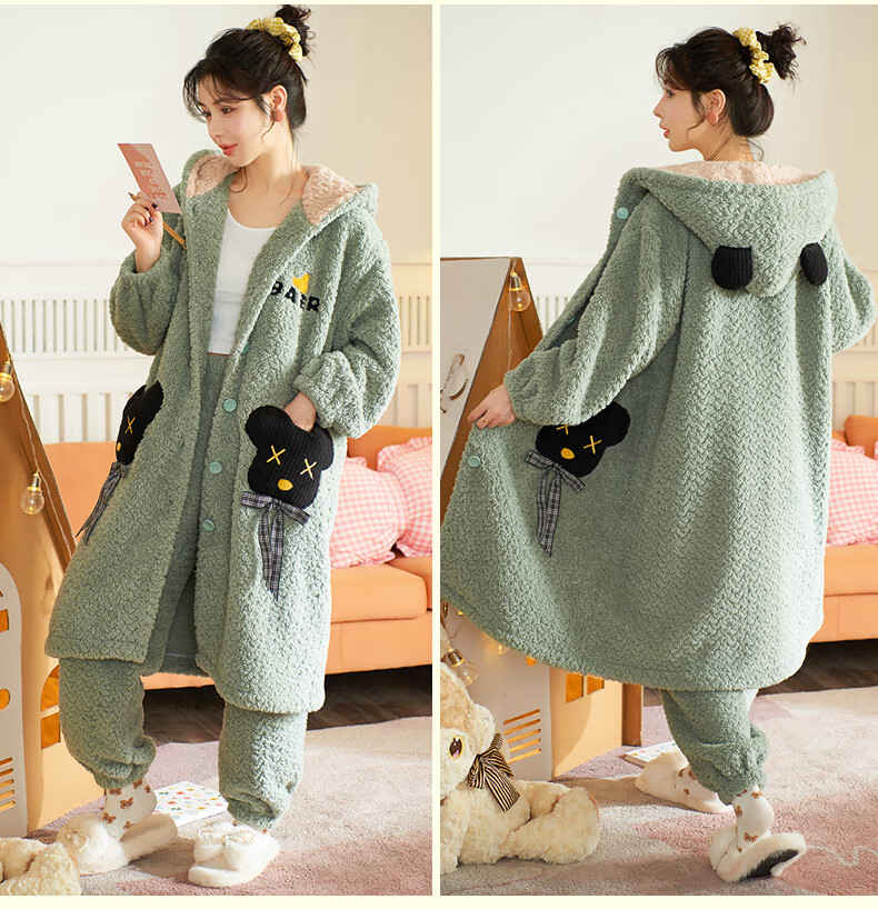 睡衣女秋冬季珊瑚绒可爱卡通可外穿法兰绒加厚睡袍睡裤长款两件套 sp
