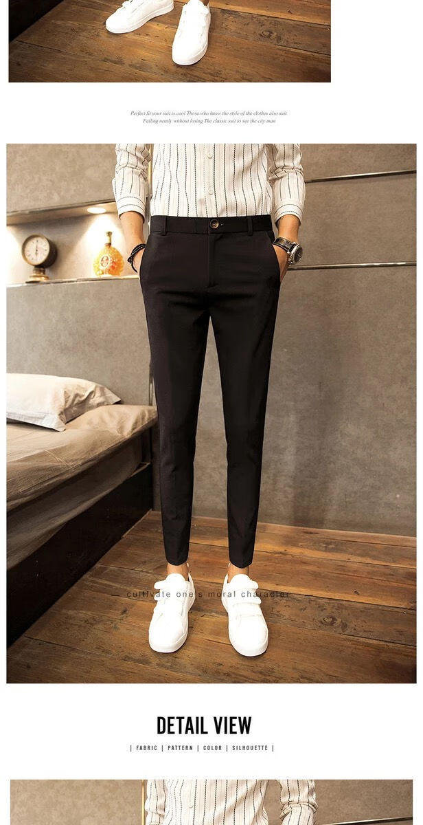 啄木鸟春季男装西裤男韩版潮流修身黑色休闲长裤夏季弹力紧身小脚九分