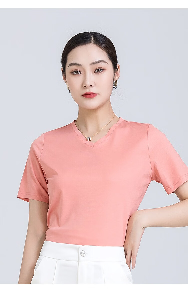 梦舒雅上衣四色可选v领丝光棉t恤女装2022年新款夏装修身半袖体恤 橘
