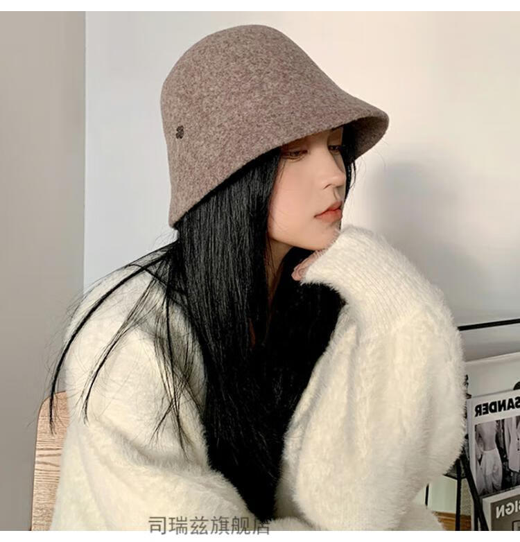 高档女士帽子羊绒渔夫帽日系女冬圆顶嘻哈ins英伦风加厚盆帽黑色可